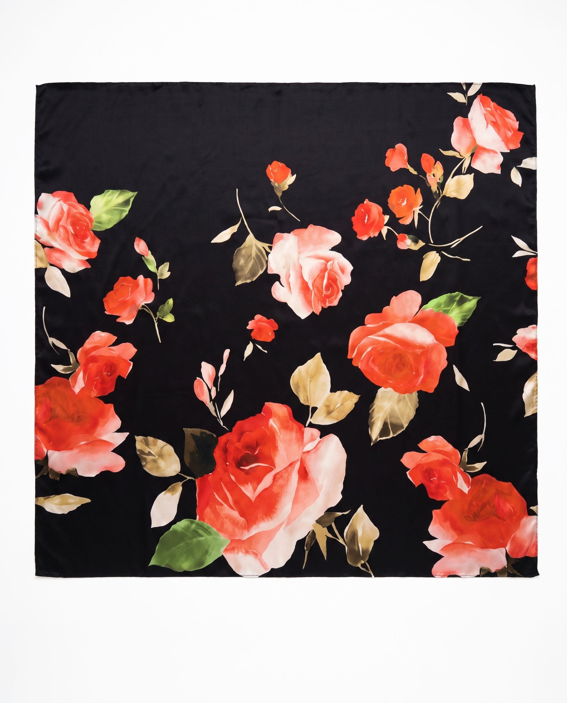 Maxi Foulard in Seta Floreale - Sfondo Nero e Rose Rosse | Serein