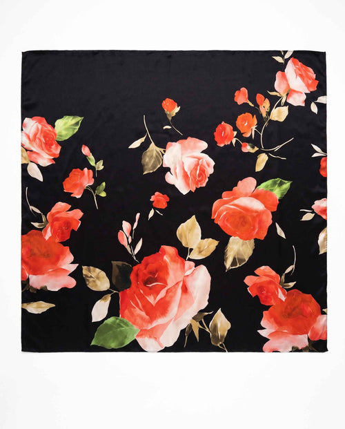 Maxi Foulard in Seta Floreale - Sfondo Nero e Rose Rosse | Serein