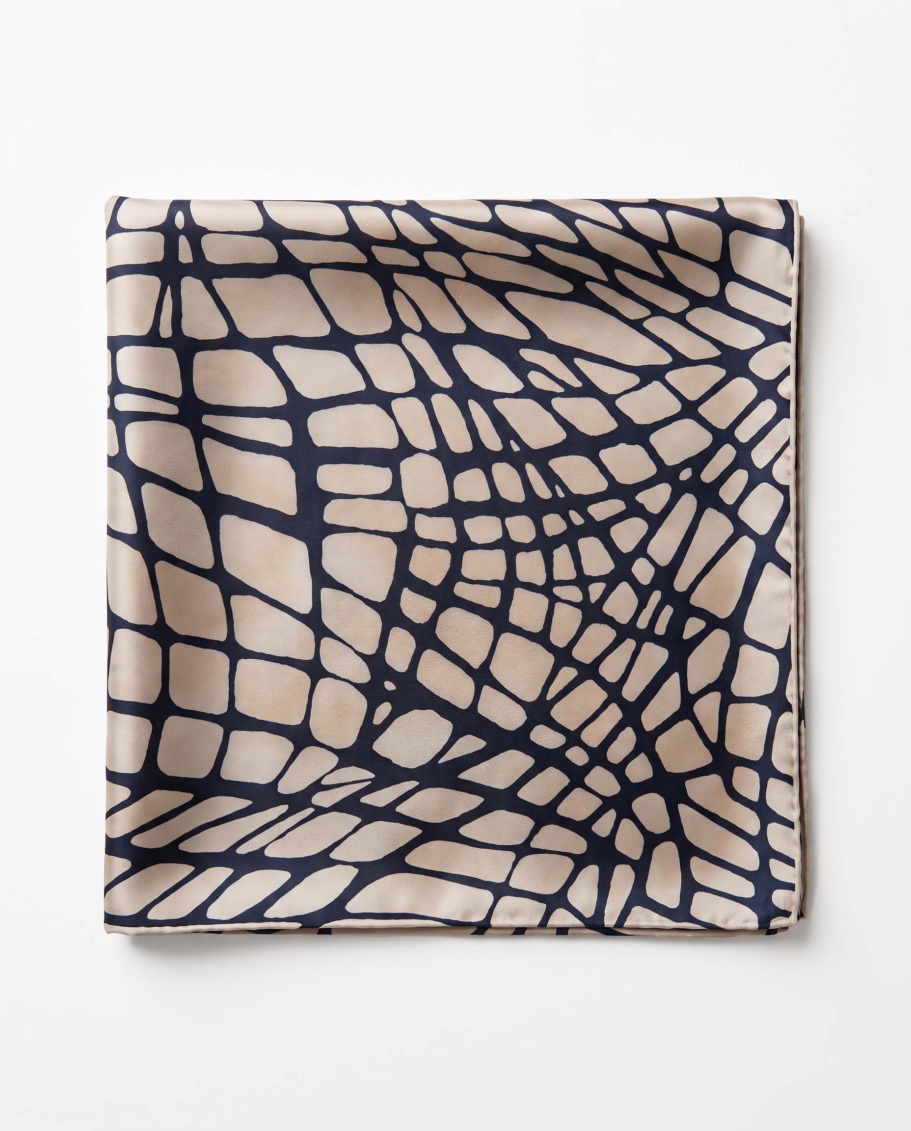 Maxi Foulard in Seta Stampa Geometrica - Rete Astratta Beige e Blu Scuro | Serein